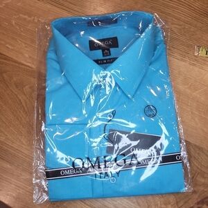 NWT Omega Shirt Men's XL Button Down Slim Fit Teal Long Sleeve Dress Shirt